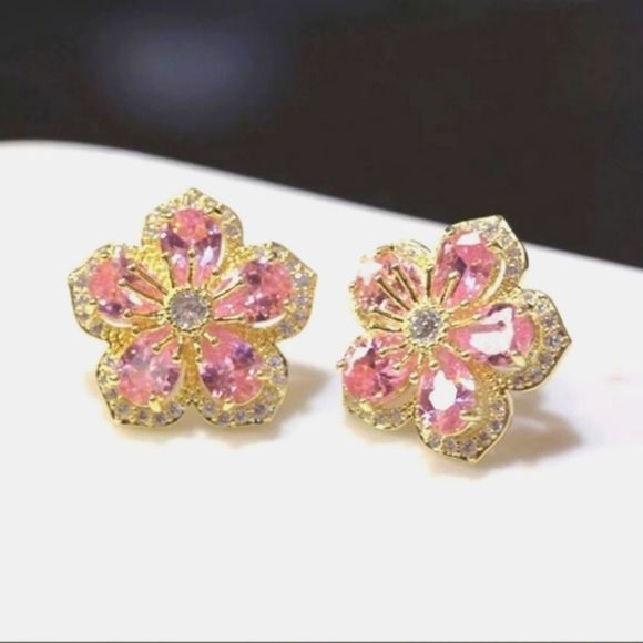 Cute Pink Cubic Zirconia Flower Stud Earings - Picture 1 of 7